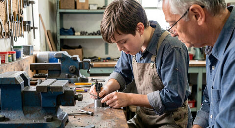 A young apprentice in work clothes measuring a metal part with a supervisor at a workshop bench.