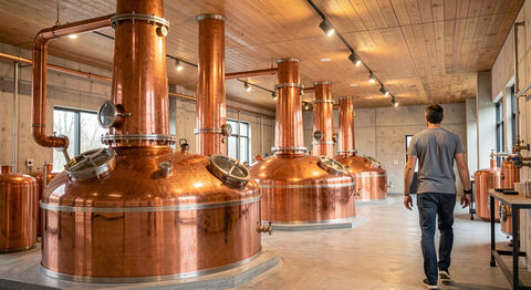 Copper pot stills gleaming in a modern distillery hall under warm ceiling lights.