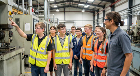 Teenagers in safety glasses touring a factory floor while an engineer points at machinery.