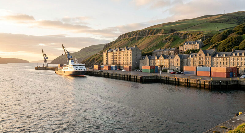 Wide view over a Scottish harbour town on the Firth of Clyde at sunrise, with a moored ferry, dockside cranes, containers and stone tenements on the green hillside