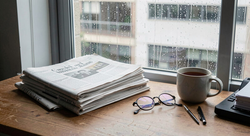 A wooden desk with folded newspapers, reading glasses and a mug of tea beside a rain streaked window.