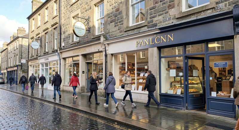 A back room of a Greenock town centre shop in mid morning light, a counter with a card terminal and a stack of flat parcel boxes, a laptop open on a delivery booking page, shot from the doorway at waist height.