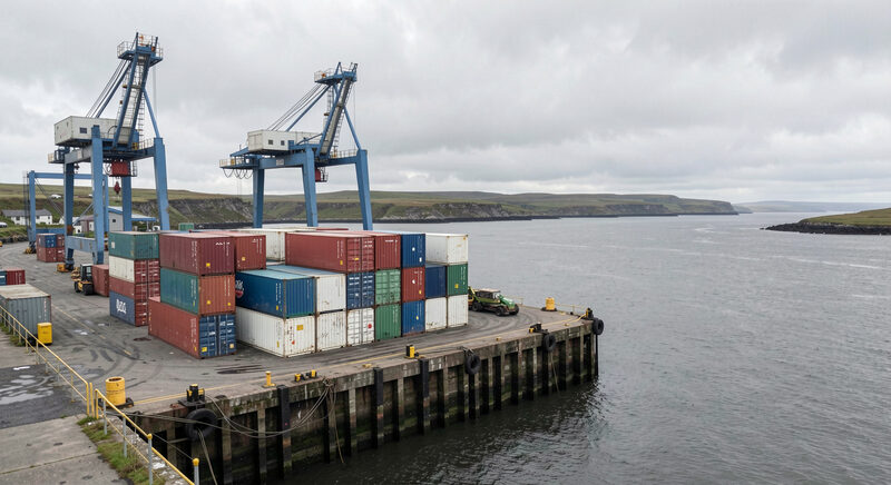 Stacked cargo containers on a dockside with gantry cranes and a grey river beyond.