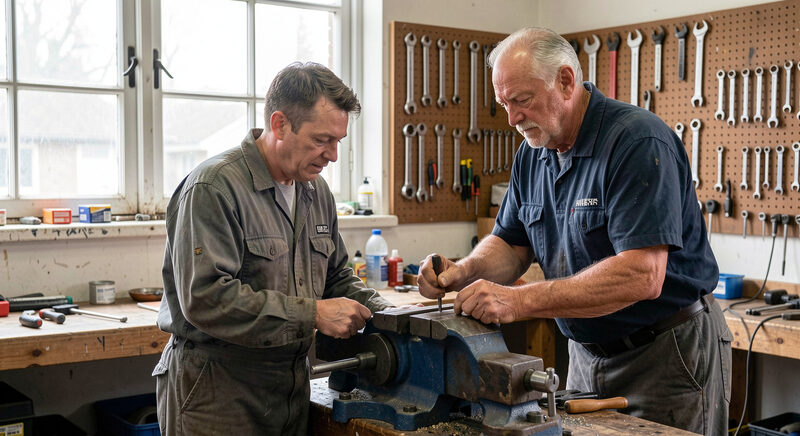 An apprentice and a trainer working together at a bench vice in a training workshop.