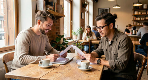 Two small business owners reading paperwork together at a wooden cafe table with coffee cups and a laptop.